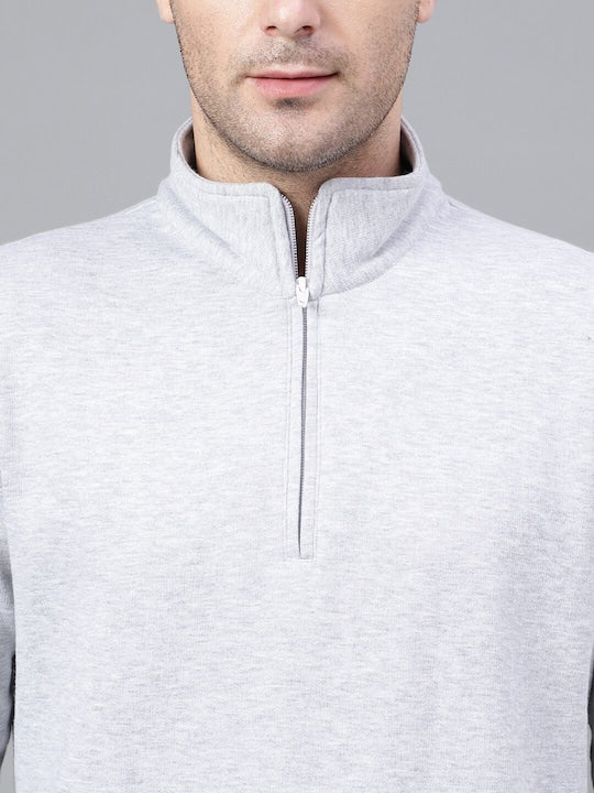 Men Melange Grey Solid Half Zipper Long Sleeves Fleece Sweatshirt