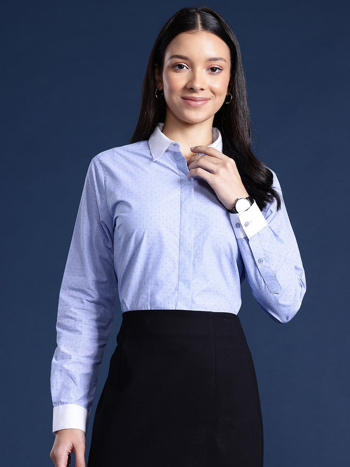 Women Blue Chambray Micro Print Pure Cotton Bankers Formal Shirt