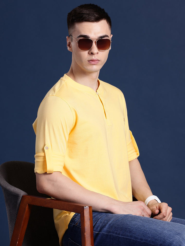 Men Yellow Solid Pure Cotton Relaxed Fit Henley T-Shirt