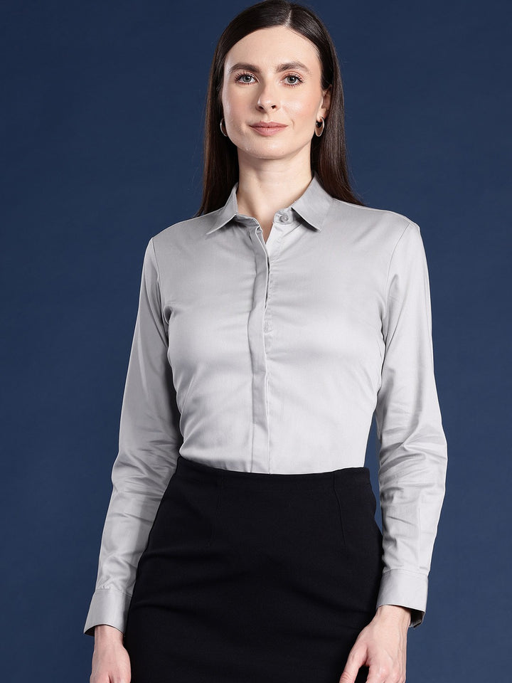 Women Grey Solid Cotton Satin Stretchable Wrinkle Free Formal Shirt