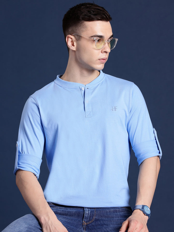 Men Blue Solid Pure Cotton Relaxed Fit Henley T-Shirt