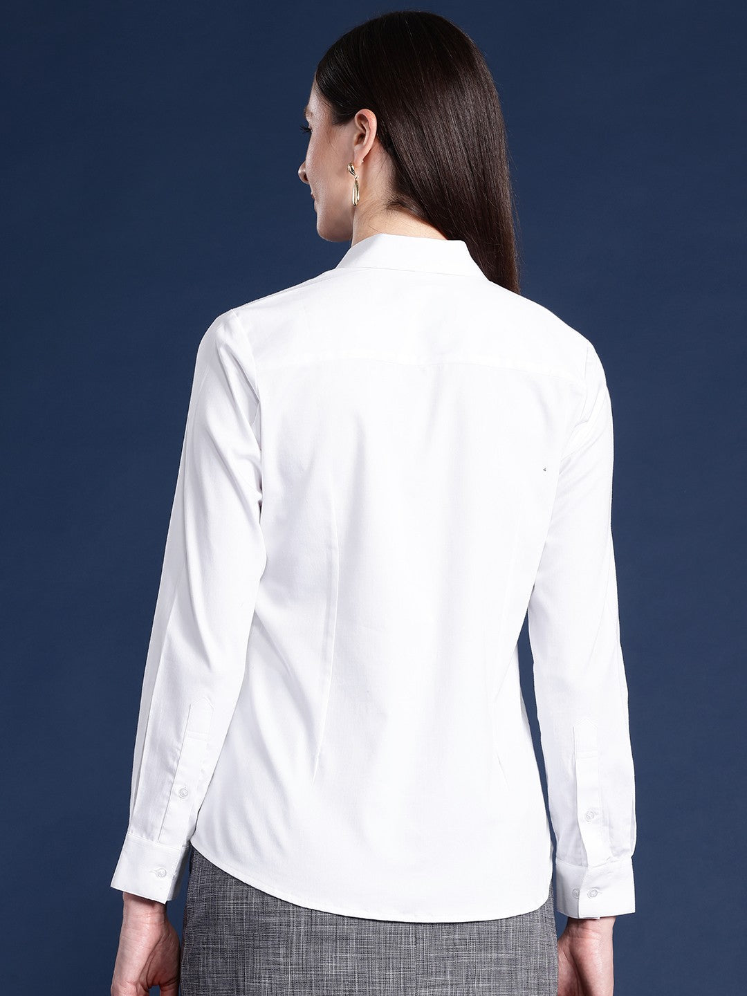 Women White Solid Cotton Satin Stretchable Wrinkle Free Formal Shirt