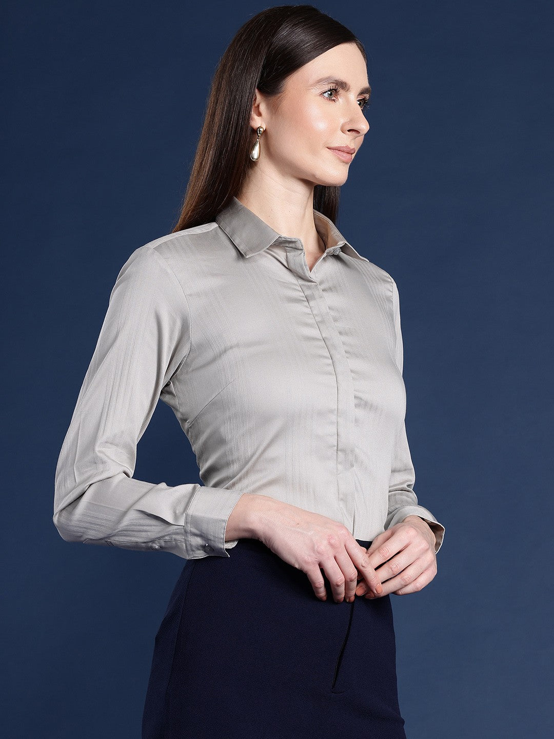 Women Grey Solid Self Design, Pure Cotton Stretchable Wrinkle Free Formal Shirt