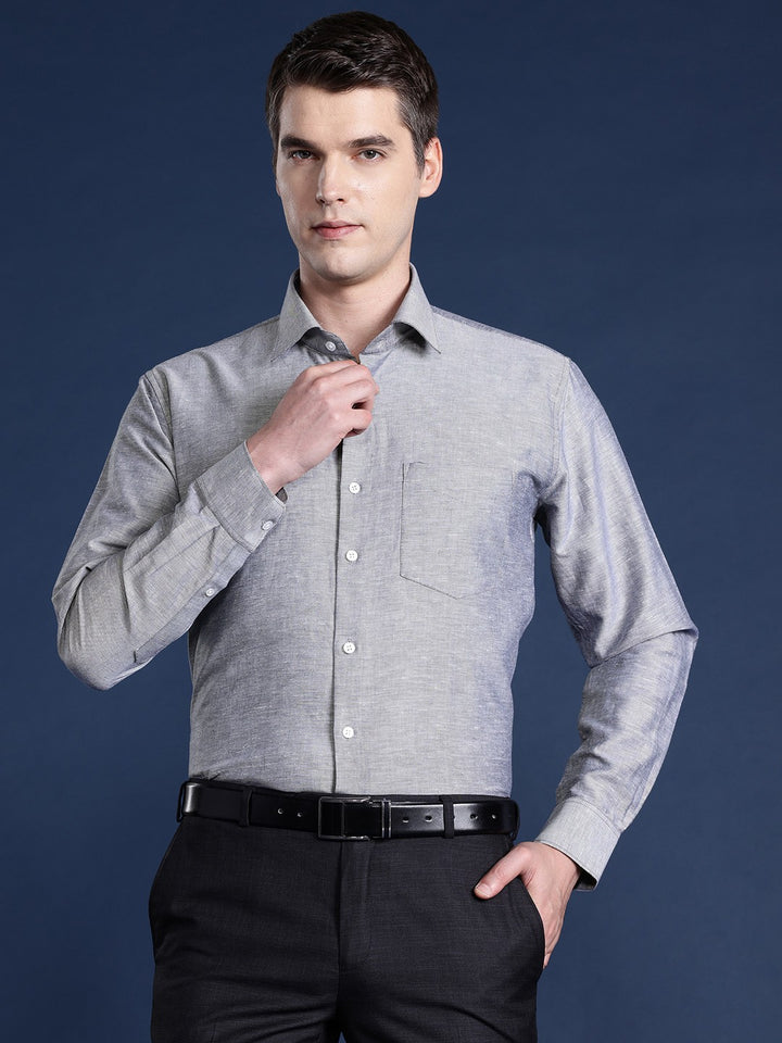 Men Grey Solid Pure Linen Slim Fit Formal Shirt