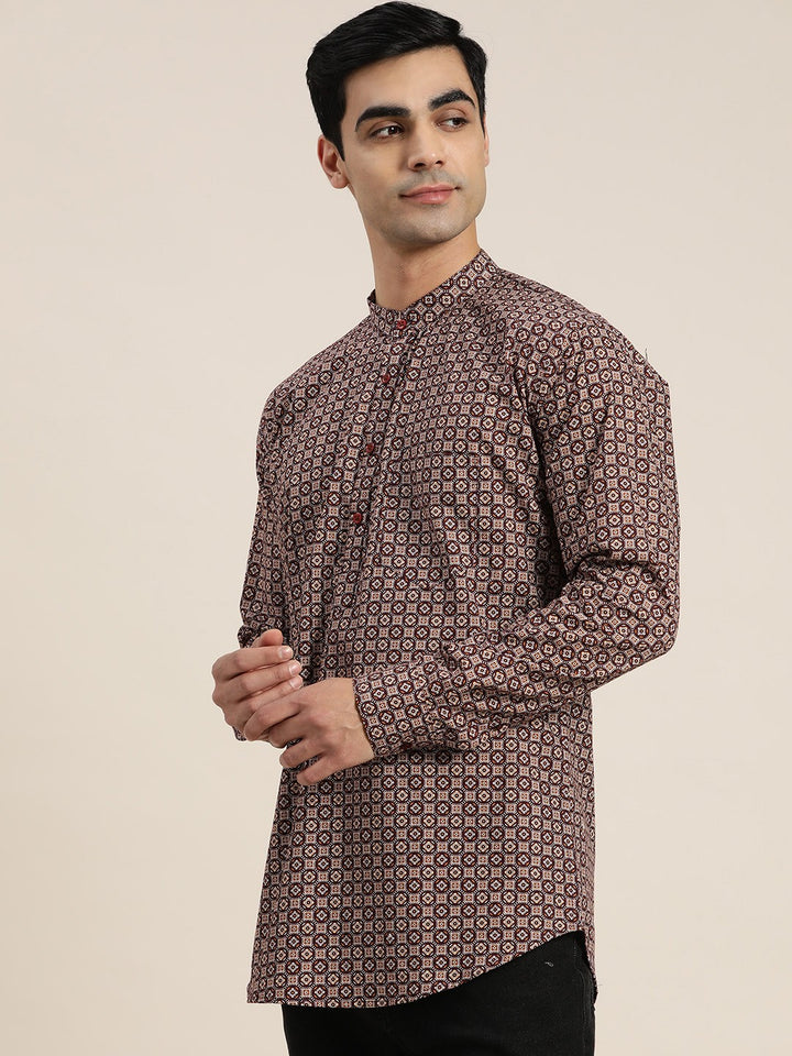 Men Burgundy Geometric Cotton Regular Fit Casual Kurta