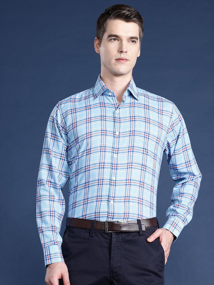 Men Blue Checked Pure Cotton Slim Fit Formal Shirt