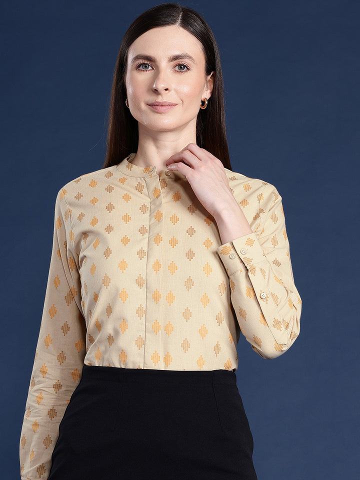 Women Beige Ethnic Print Mandarin Collar Pure Cotton Formal Shirt