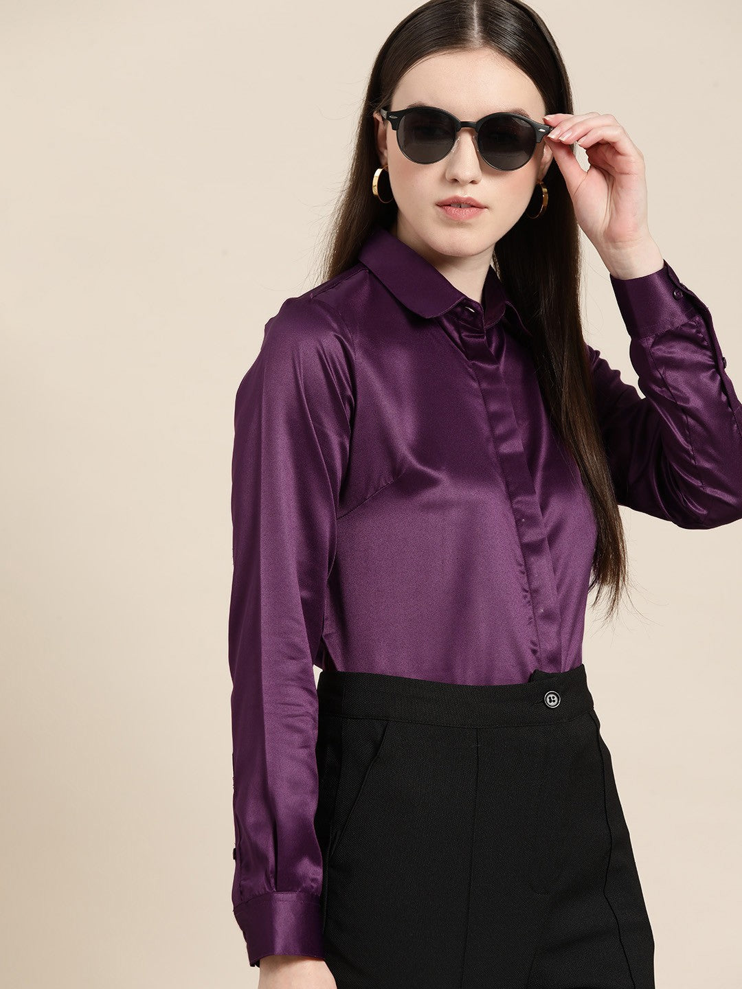 Women Burgundy Solid Satin Formal Shirt