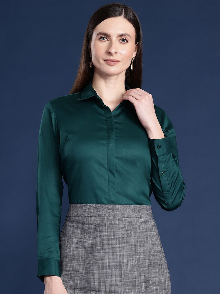 Women Green Solid Cotton Satin Stretchable Wrinkle Free Formal Shirt