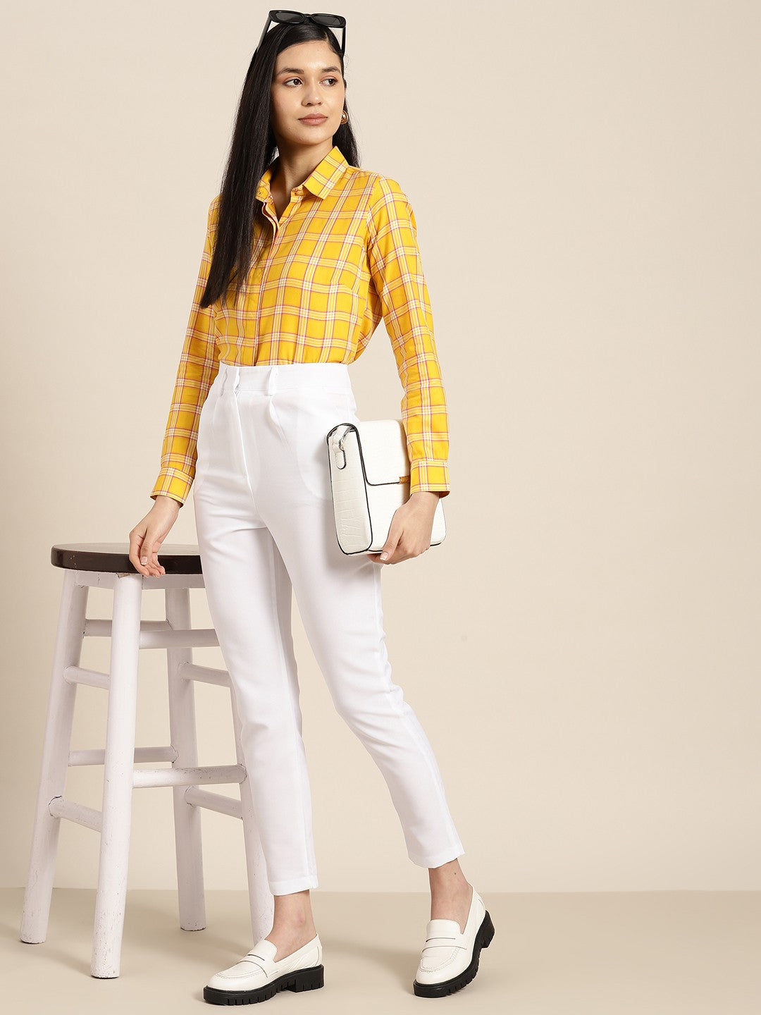 Women Yellow Checks Pure Cotton Formal Shirt