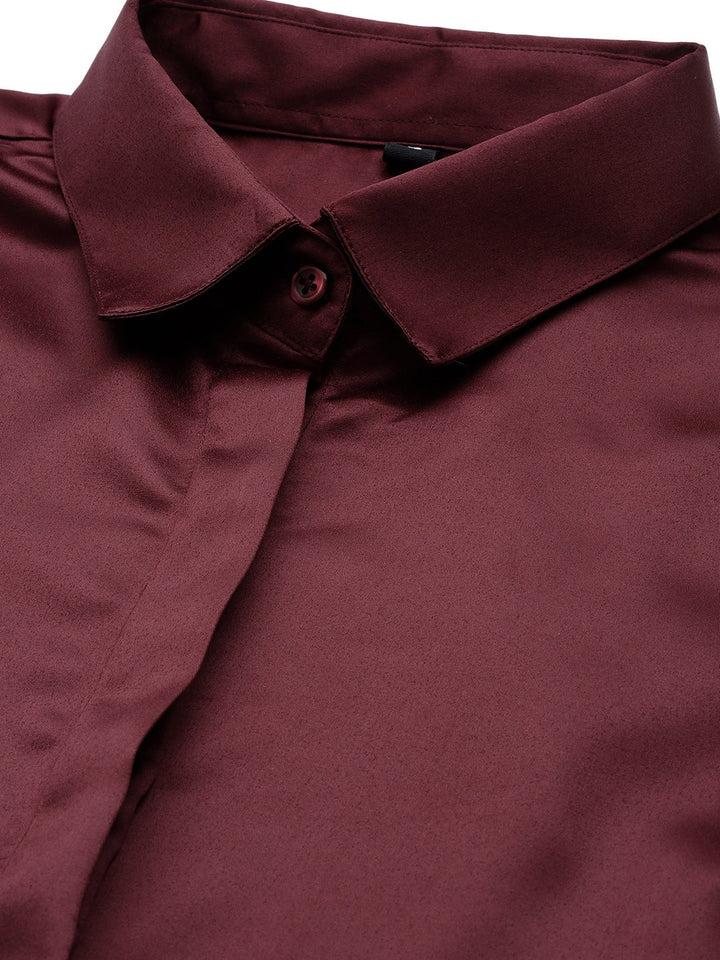 Women Maroon Solid Satin Formal Shirt