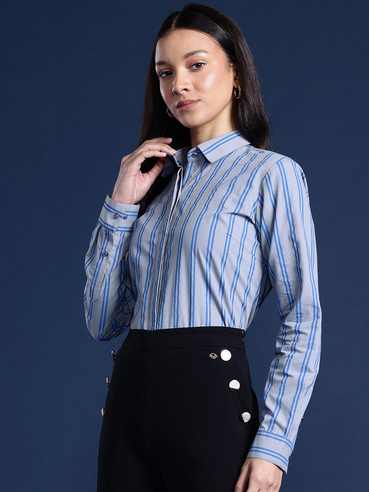 Women Grey & Blue Stripes Pure Cotton Formal Shirt