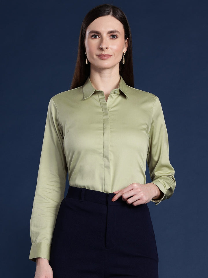 Women Green Solid Cotton Satin Stretchable Wrinkle Free Formal Shirt