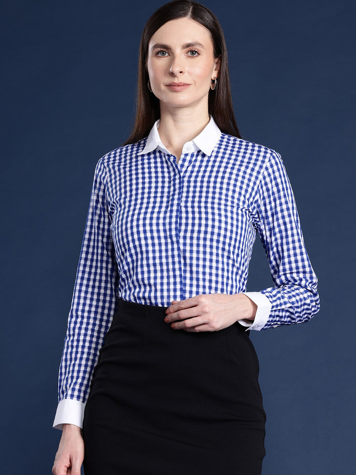 Women White & Blue Gingham Checks Pure Cotton Bankers Formal Shirt