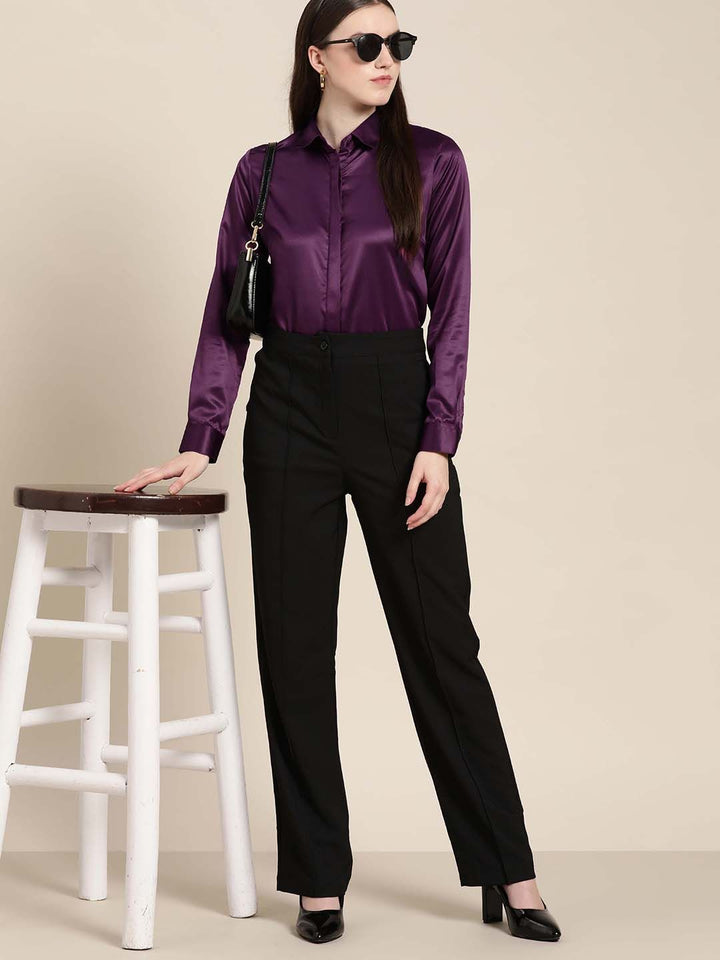 Women Burgundy Solid Satin Formal Shirt