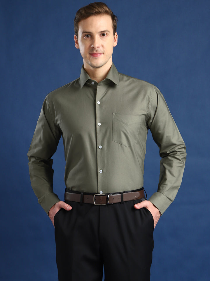 Men Olive Solid Oxford Cotton Slim Fit Formal Shirt