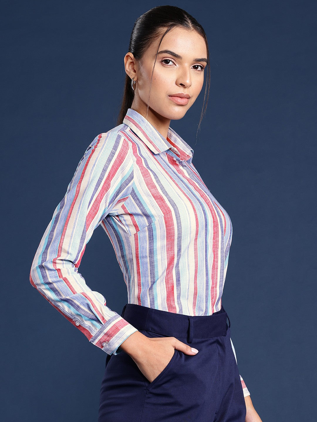 Women White Stripes Linen Formal Shirt