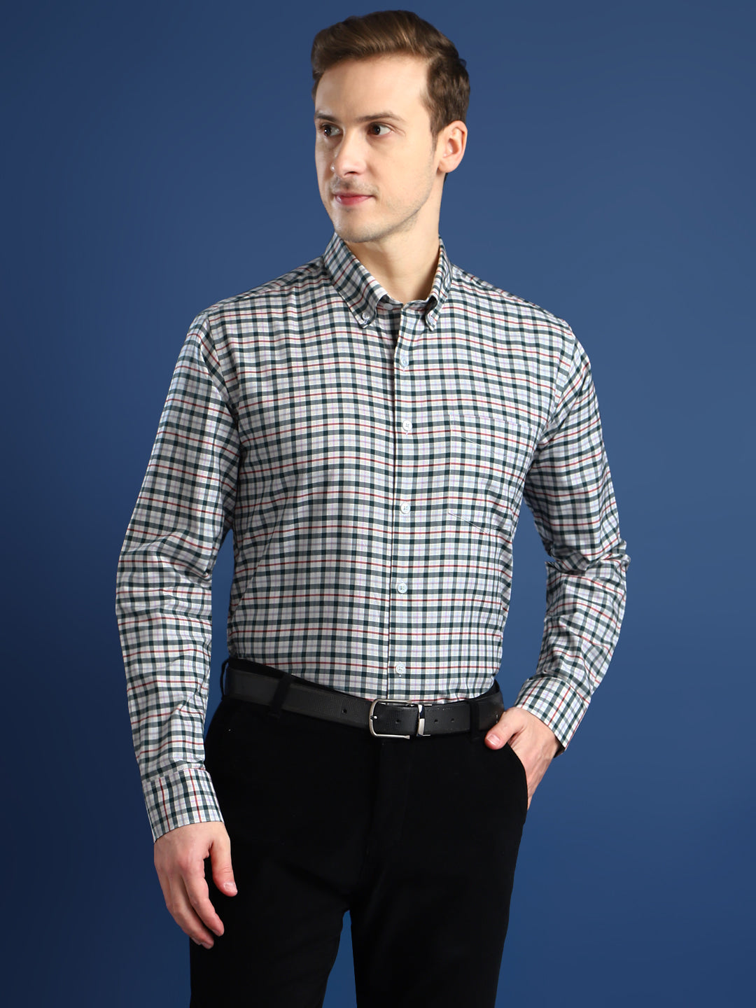 Men White & Green Checked Cotton Slim Fit Formal Shirt