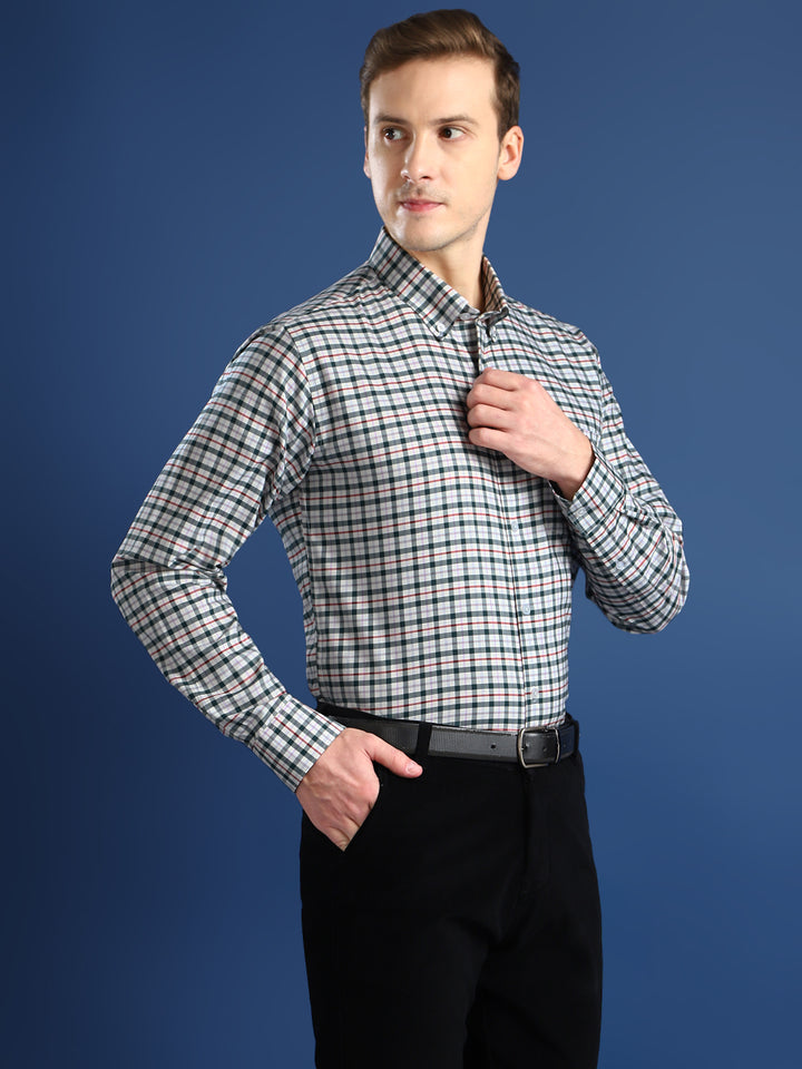 Men White & Green Checked Cotton Slim Fit Formal Shirt