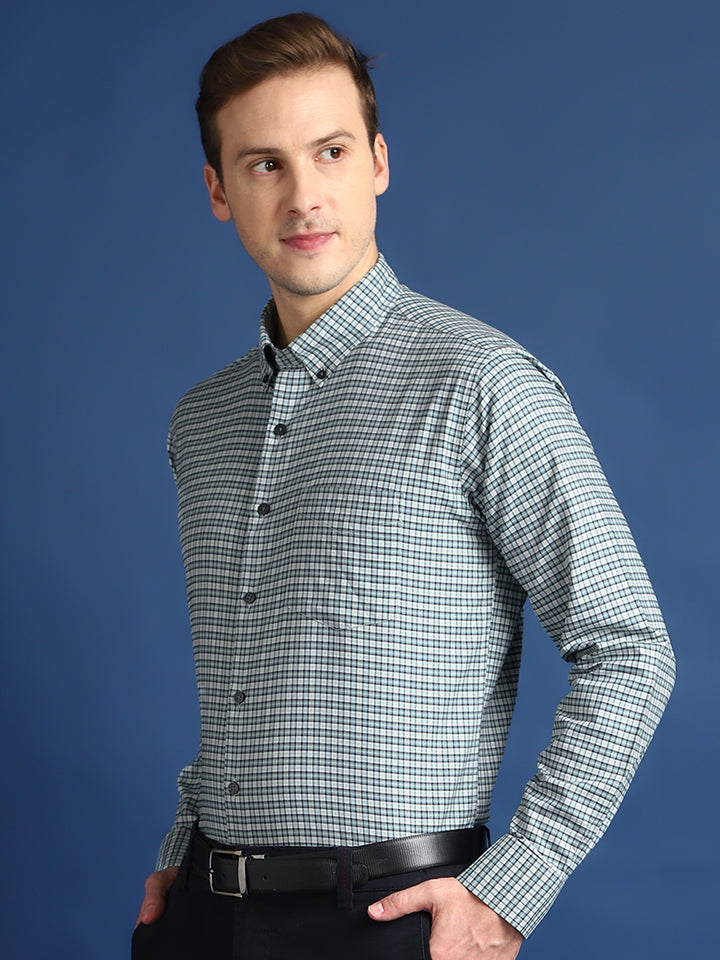 Men White & Green Checked Cotton Slim Fit Formal Shirt