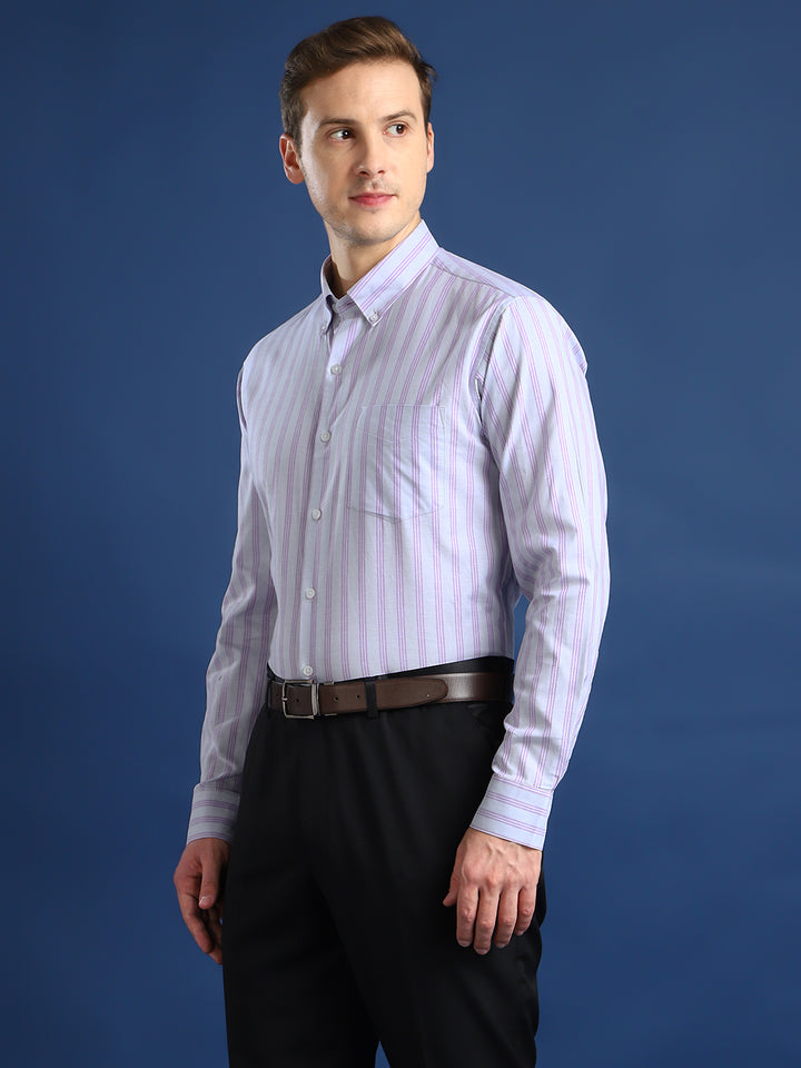 Men Grey Striped Cotton Slim Fit Formal Shirt