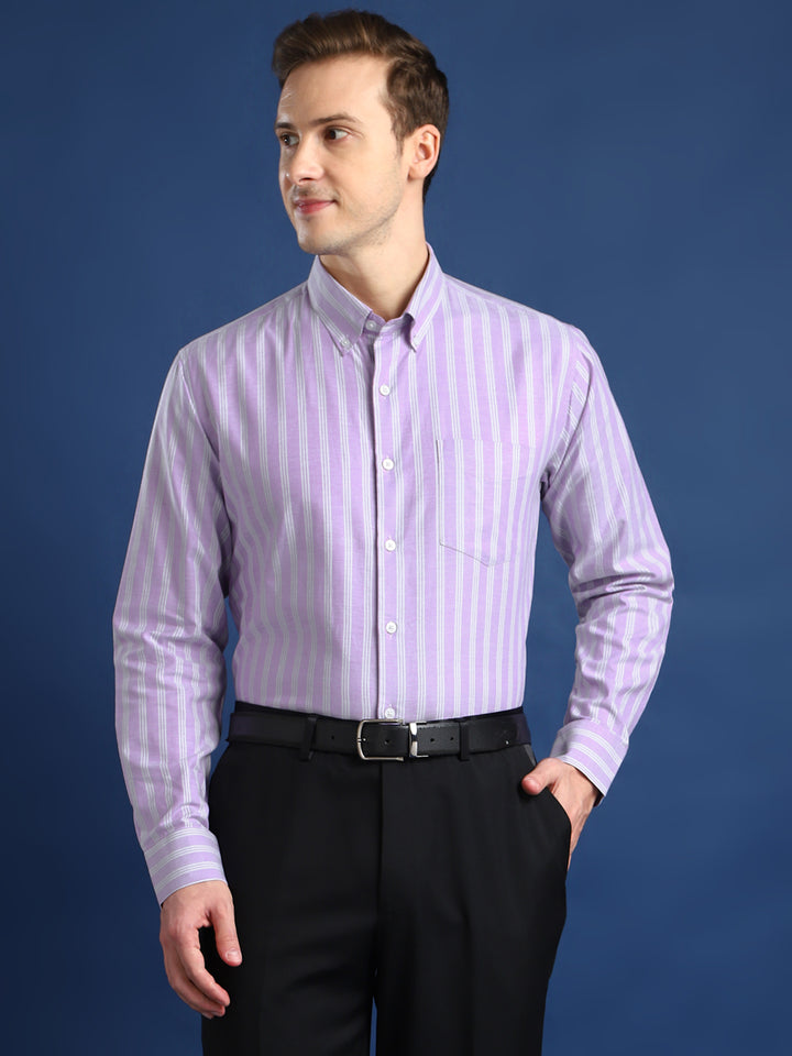 Men Lavender Striped Cotton Slim Fit Formal Shirt