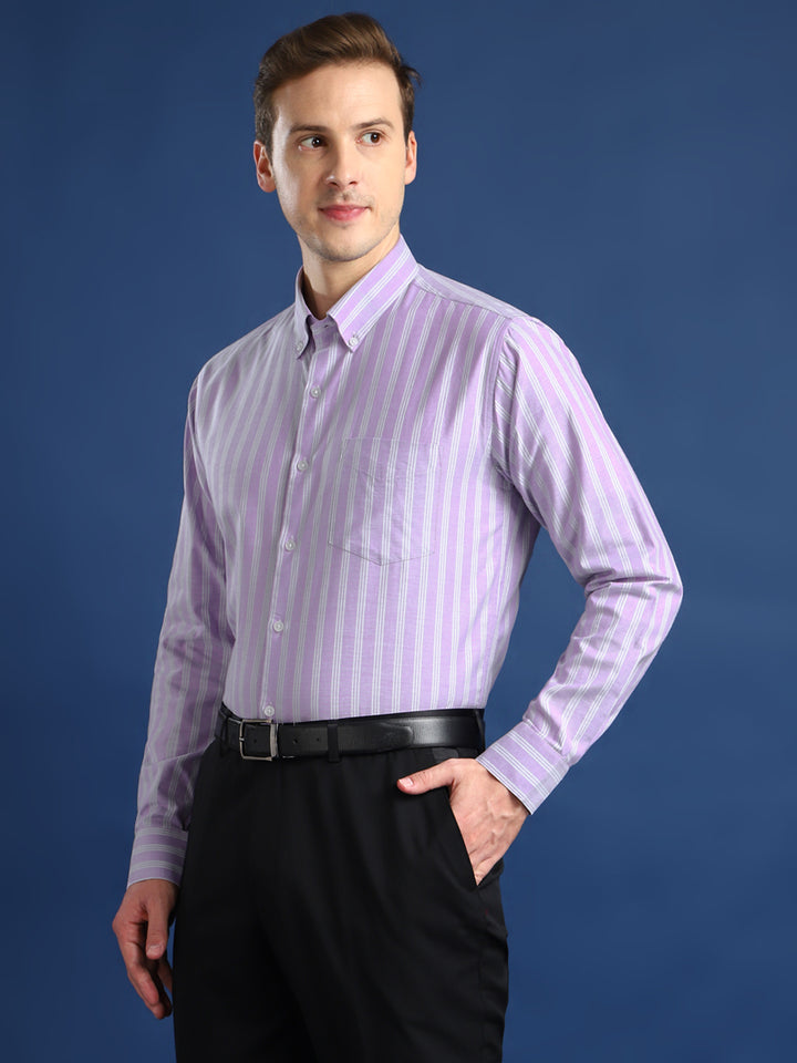 Men Lavender Striped Cotton Slim Fit Formal Shirt