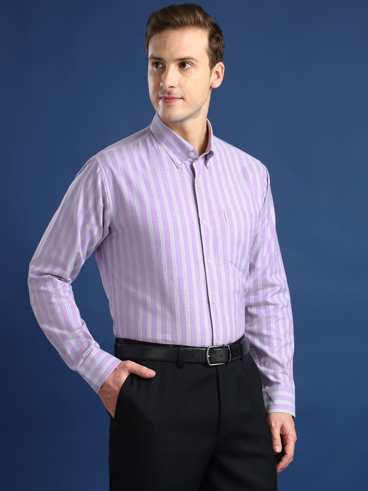 Men Lavender Striped Cotton Slim Fit Formal Shirt