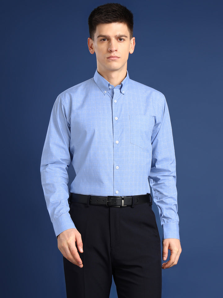 Men Blue Checked Cotton Slim Fit Formal Shirt