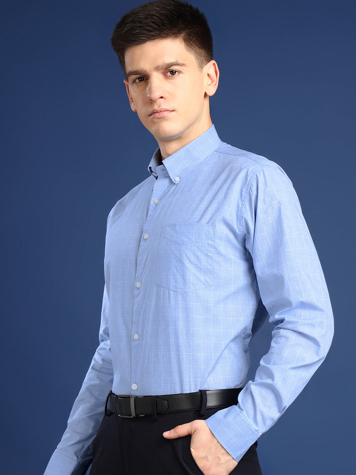 Men Blue Checked Cotton Slim Fit Formal Shirt