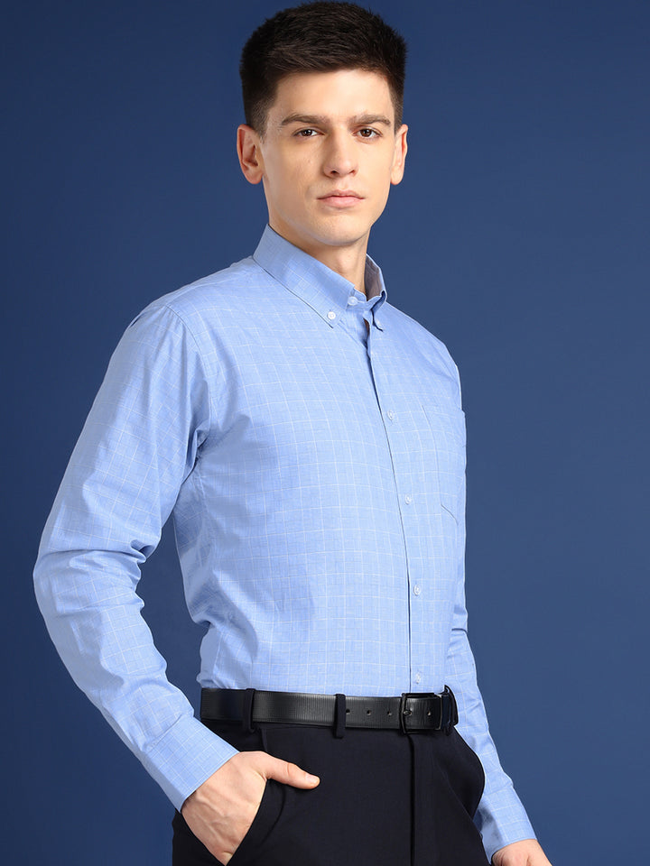 Men Blue Checked Cotton Slim Fit Formal Shirt