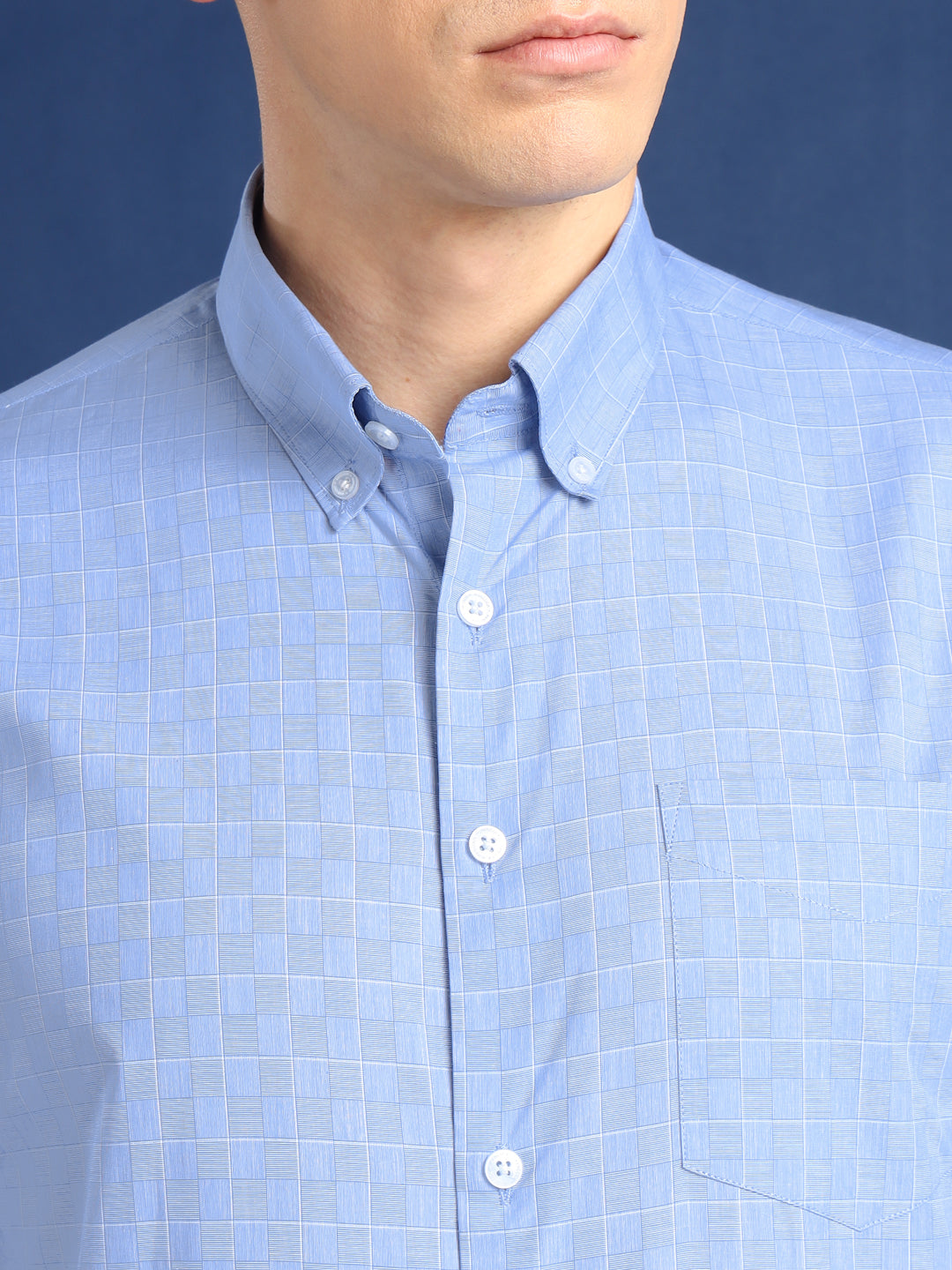 Men Blue Checked Cotton Slim Fit Formal Shirt