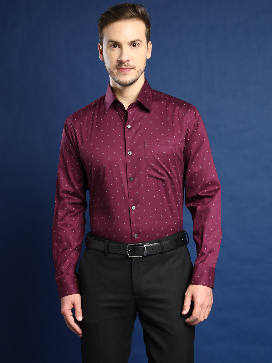 Men Burgundy Printed Pure Cotton Slim Fit Party Shirt