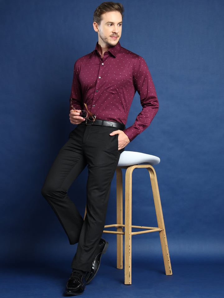 Men Burgundy Printed Pure Cotton Slim Fit Party Shirt