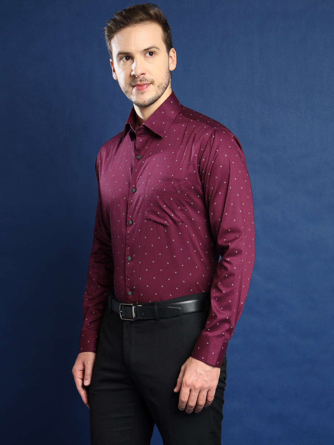 Men Burgundy Printed Pure Cotton Slim Fit Party Shirt