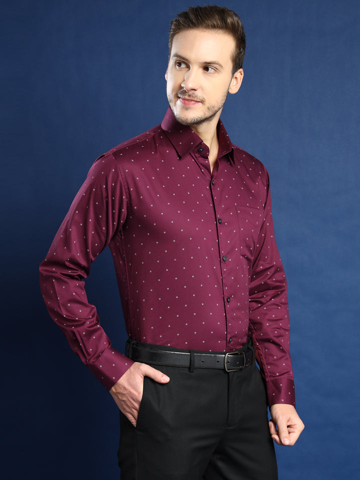 Men Burgundy Printed Pure Cotton Slim Fit Party Shirt