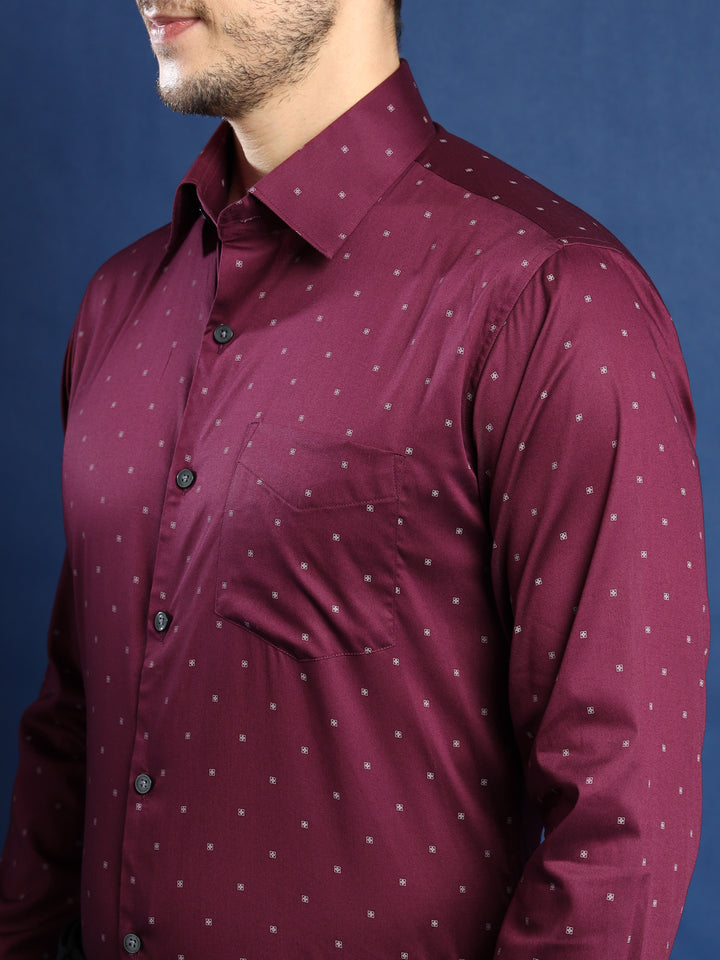 Men Burgundy Printed Pure Cotton Slim Fit Party Shirt