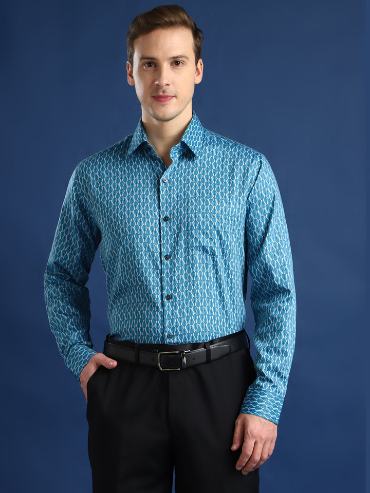 Men Blue Printed Cotton Satin Slim Fit Party Shirt