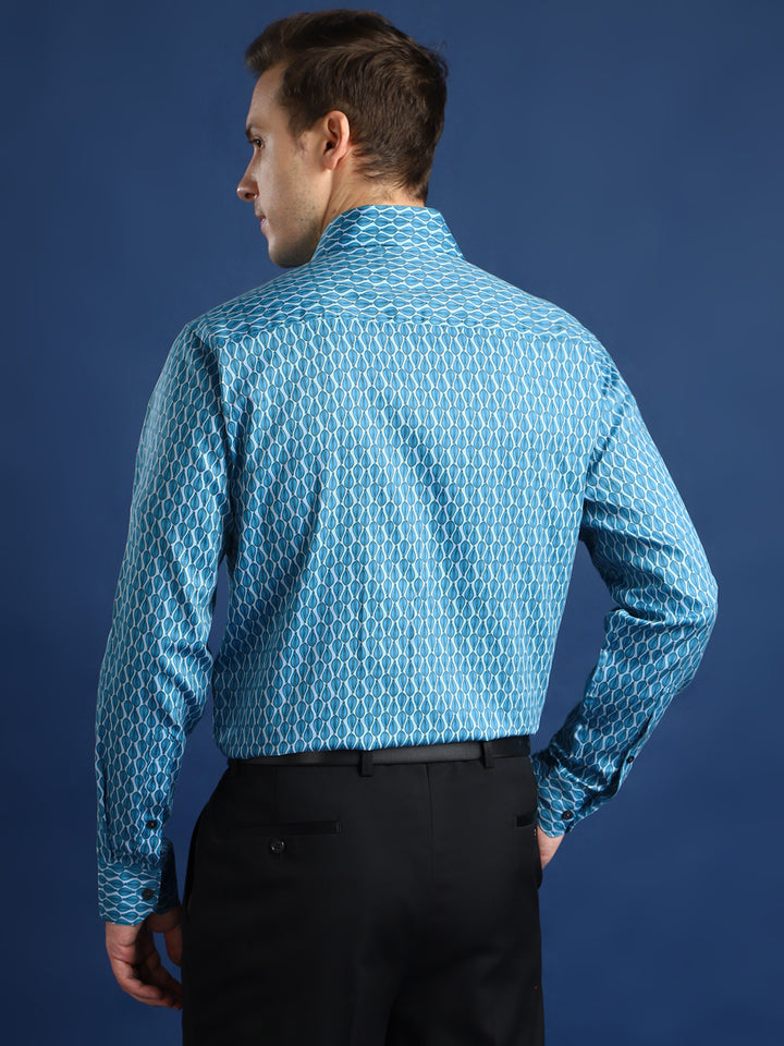 Men Blue Printed Cotton Satin Slim Fit Party Shirt