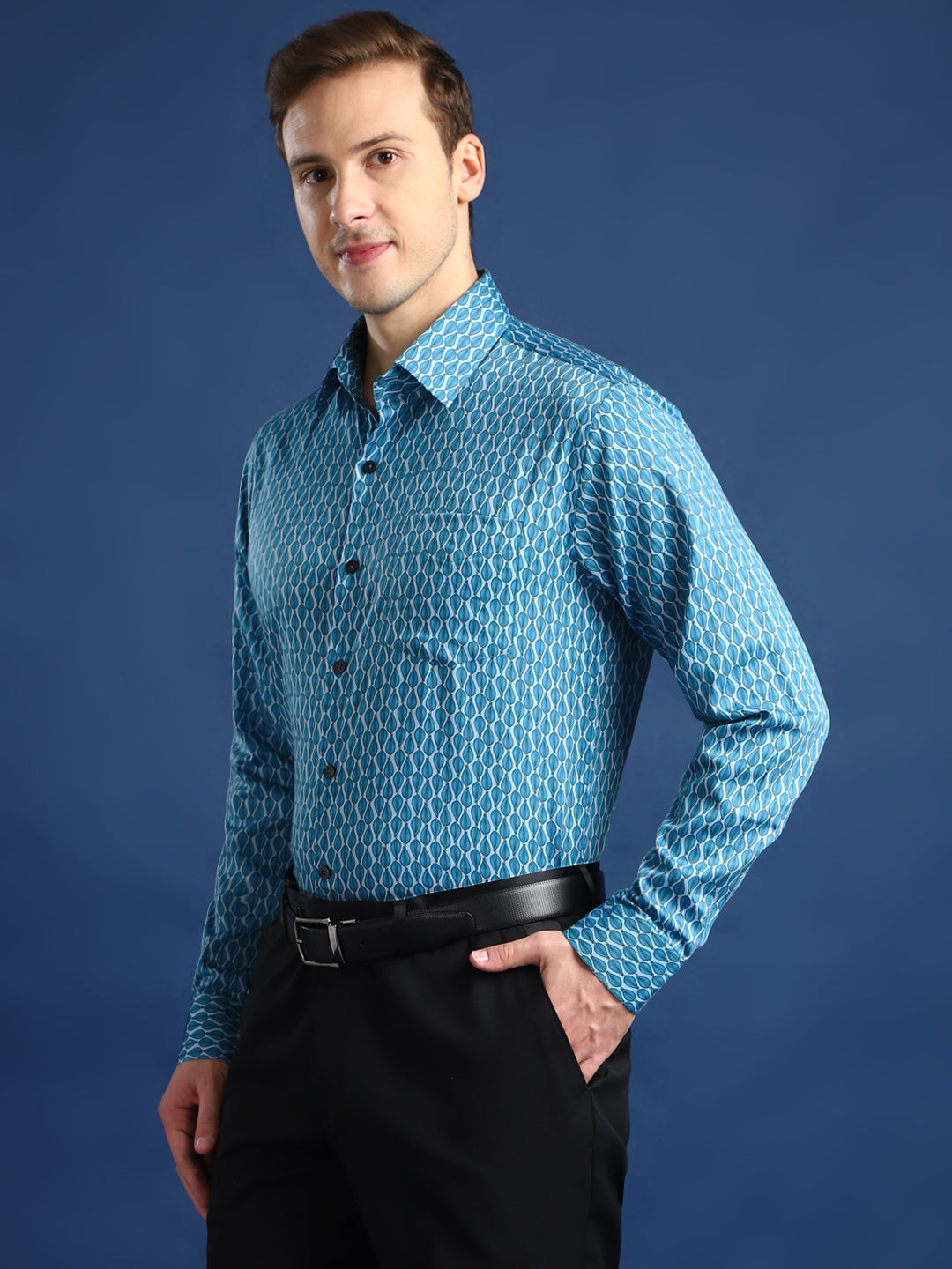 Men Blue Printed Cotton Satin Slim Fit Party Shirt