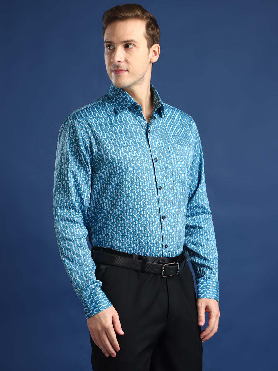 Men Blue Printed Cotton Satin Slim Fit Party Shirt