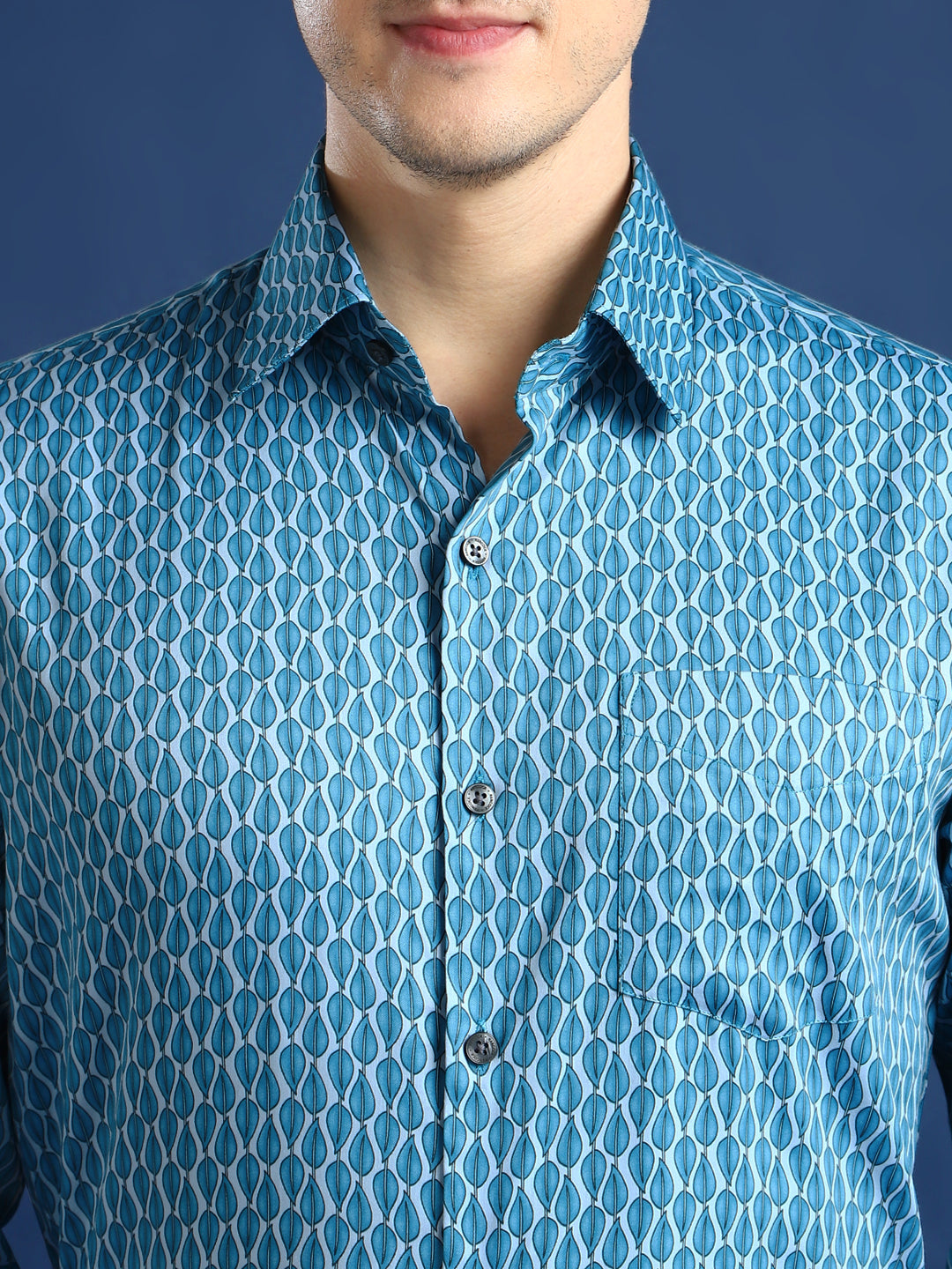 Men Blue Printed Cotton Satin Slim Fit Party Shirt