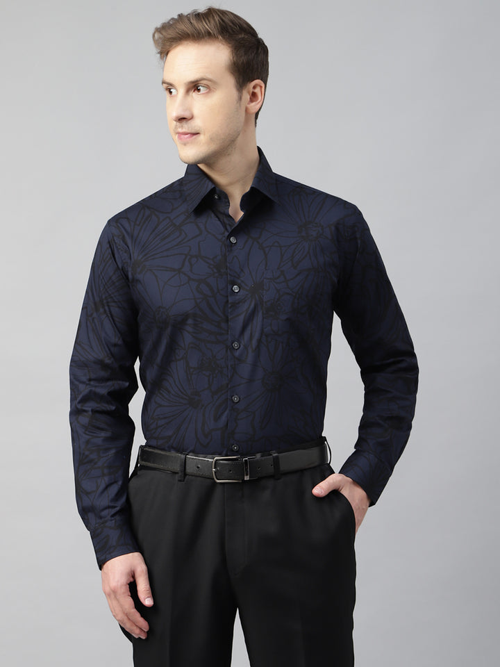 Men Navy Blue & Black Printed Cotton Slim Fit Party Shirt