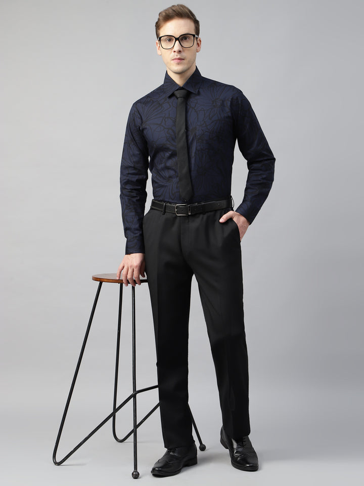 Men Navy Blue & Black Printed Cotton Slim Fit Party Shirt