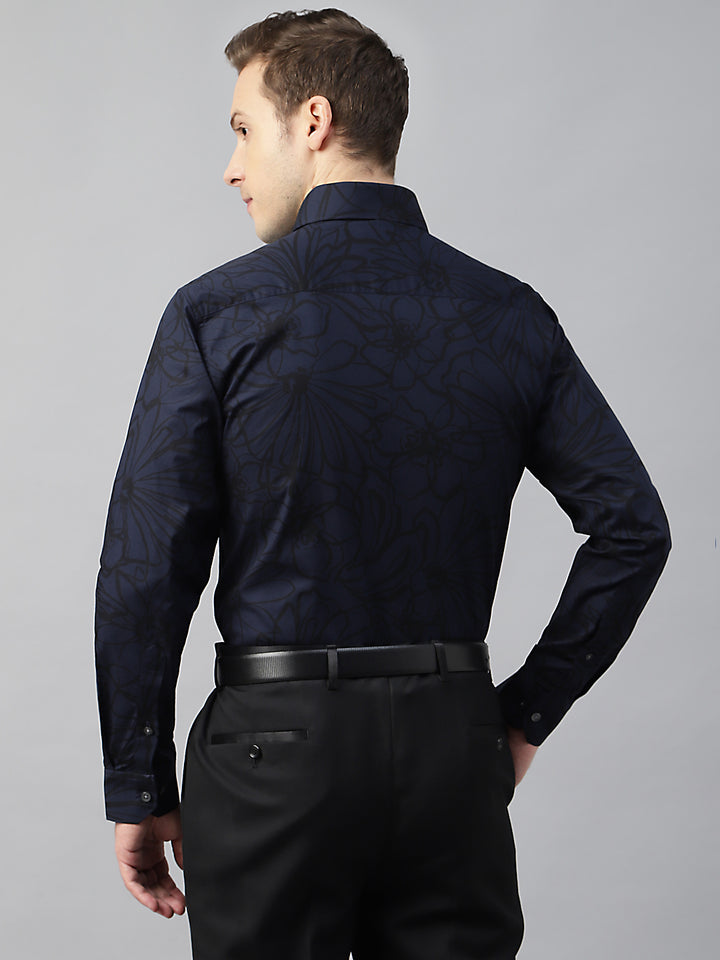 Men Navy Blue & Black Printed Cotton Slim Fit Party Shirt