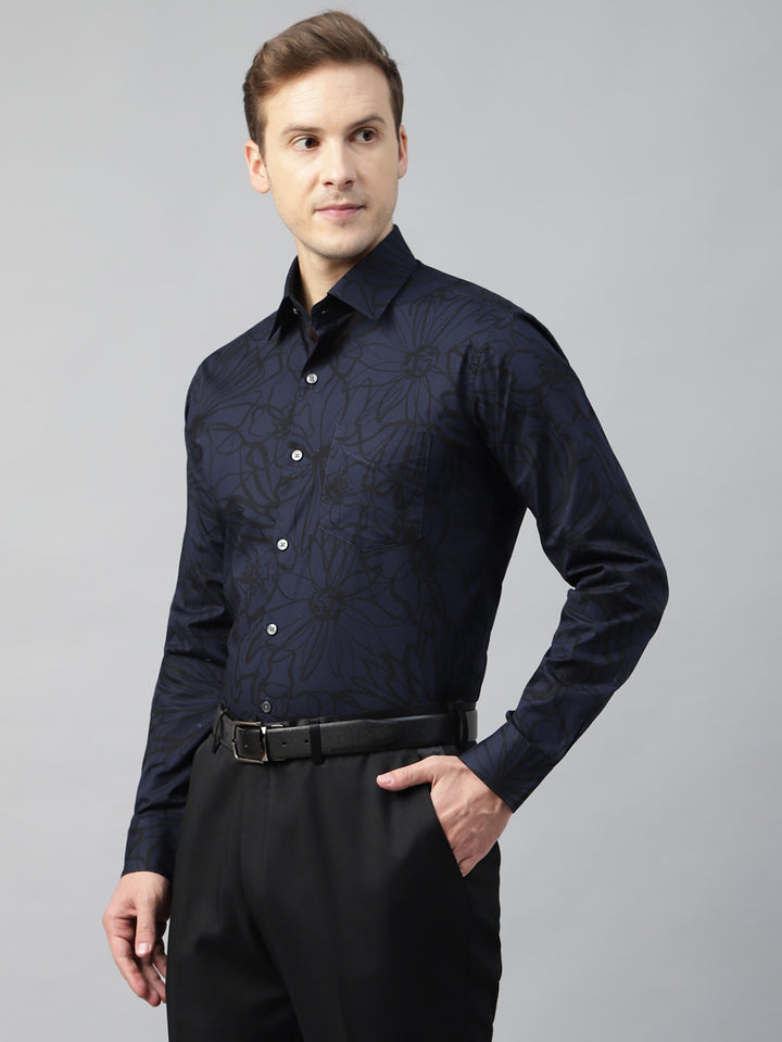 Men Navy Blue & Black Printed Cotton Slim Fit Party Shirt