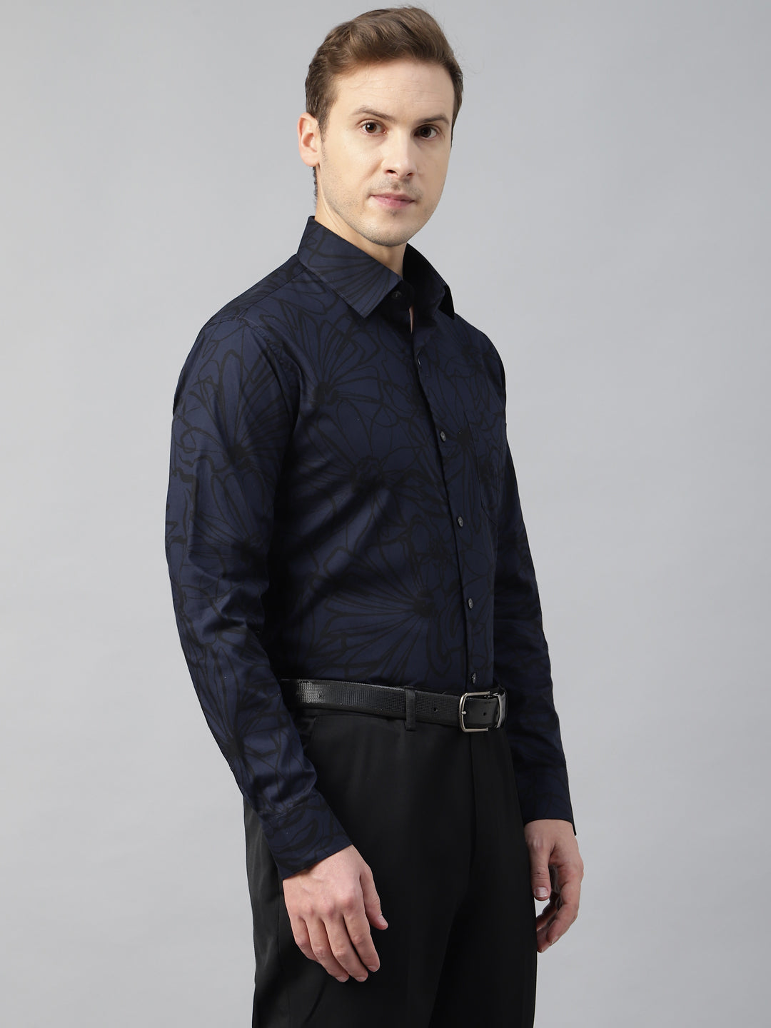 Men Navy Blue & Black Printed Cotton Slim Fit Party Shirt