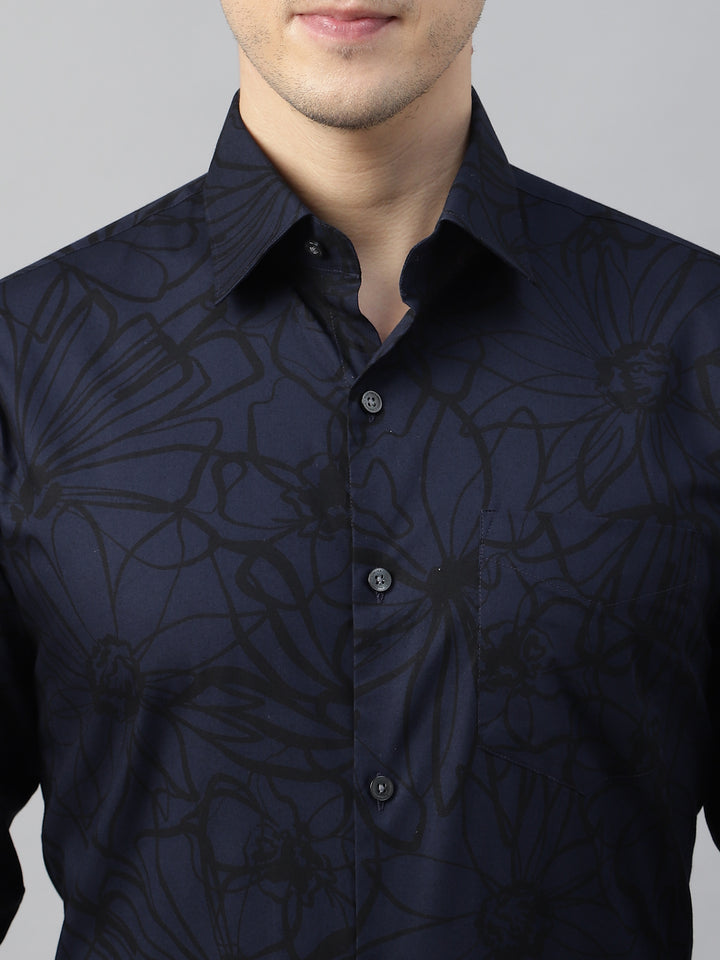 Men Navy Blue & Black Printed Cotton Slim Fit Party Shirt