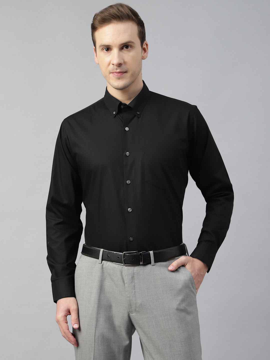 Men Black Solid Cotton Slim Fit Button Down Collar Formal Shirt