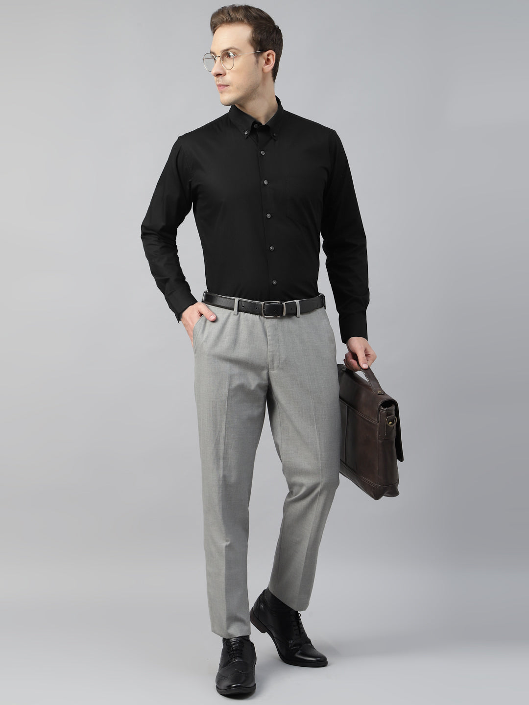 Men Black Solid Cotton Slim Fit Button Down Collar Formal Shirt